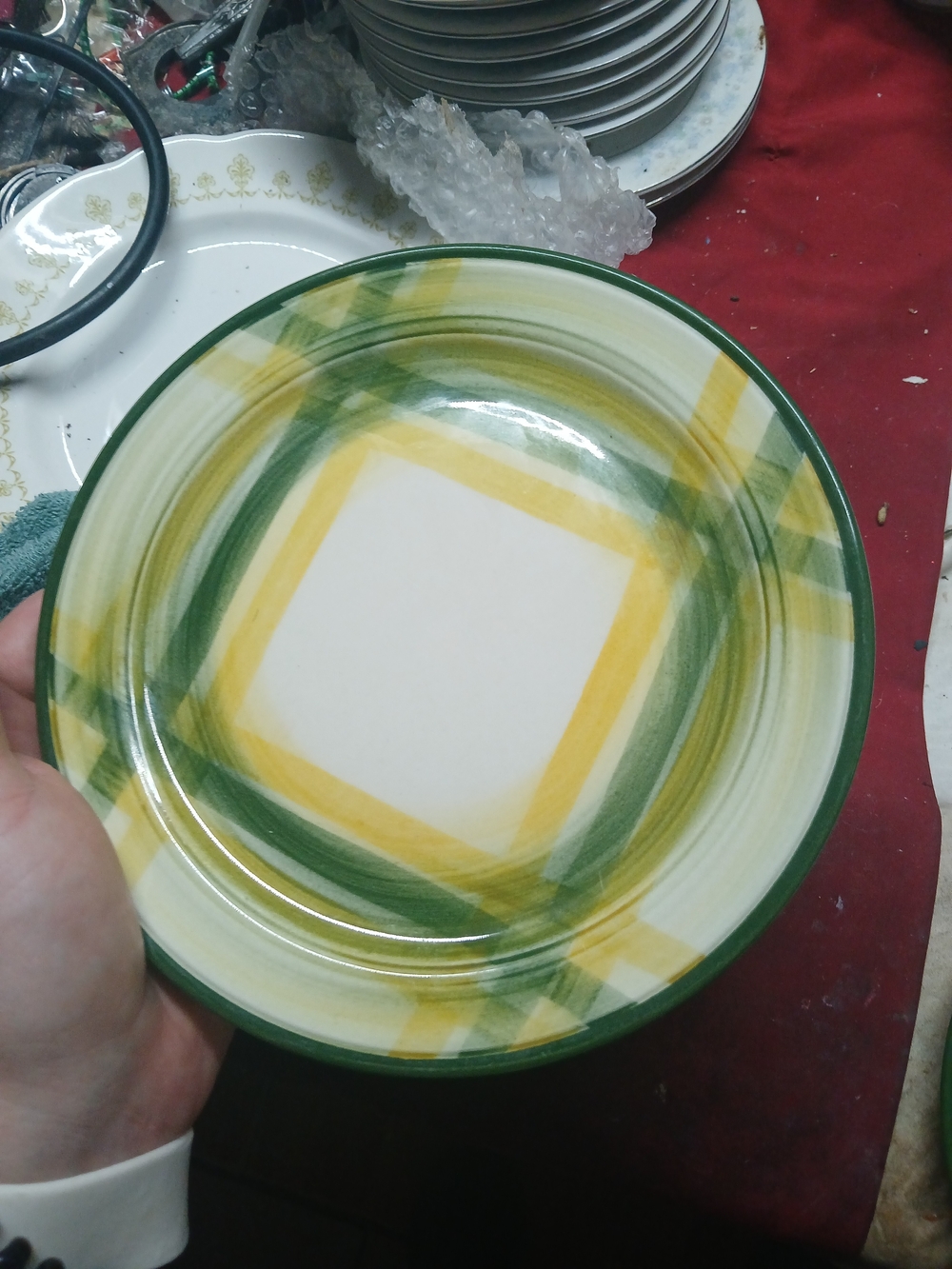 Pattern gingham Green by metlox Vernon ware Platter round 7.5" In width Has Chip